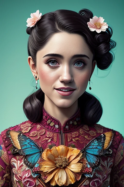 full body portrait of a gorgeous young nataliadyer, A highly detailed and hyper realistic lisa frank, trending on artstation, butterflies, floral, sharp focus, studio photo, intricate details, highly detailed, by Tvera and wlop and artgerm, alberto seveso and geo2099 style