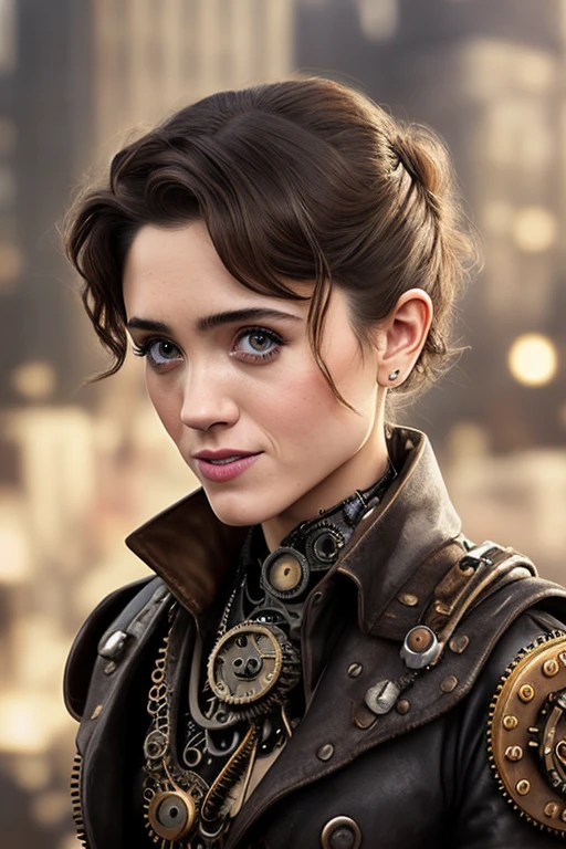 photo of nataliadyer, (((front to camera))), detailed european face, ((((aspiring facial expression)))), (((steampunk style close))), ((steampunk city on the background)), RAW, analog style, ultra detailed photograph, cinematic lighting, artstation, 4k, sharp focus, high resolution, detailed skin, detailed eyes