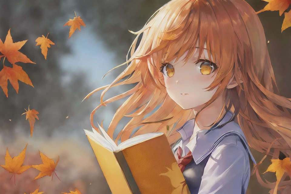 (art by yaguru magiku, (001glitch-core, dreamcore), 8sconception, alberto-mielgo, anime-background-style-v2, Super Quality, Vaporwave,Synth Wave,weirdcore, dreamy, full body
((A cute ginger, a girl in her school uniform with a book, with autumn leaves and an orange tree blowing in the background))
Visual effects:movie lights, ,((masterpiece)),best quality,high resolution illustrations,particle effect,((very detailed CG)),((masterpiece))absurd,intricate details,((8k_wallpaper)),
[[red, blue, green, yellow, black, white, pink, purple, cowboy shot, ((((colorful)))), ink and wash painting, [white hair], delicate and beautiful girl, ((illustration)), ((floating hair)), ((chromatic aberration))]],
