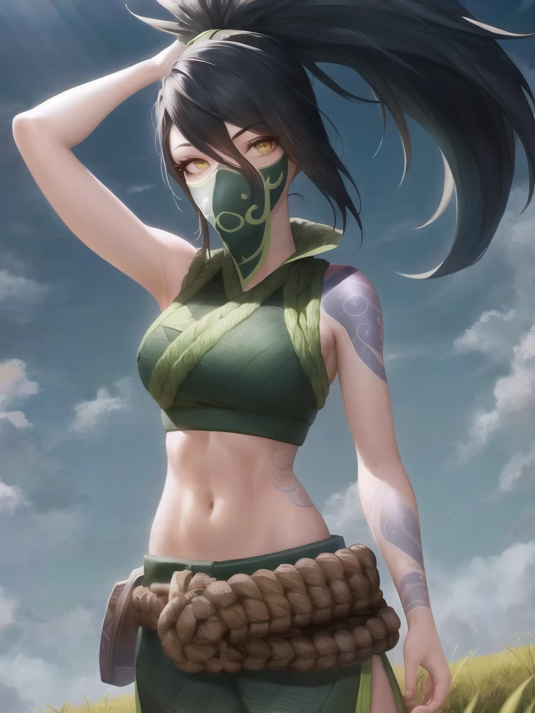 sky, field, grass, akali, looking at viewer, league of legends, highres, 1girl, abs, arm tattoo, bangs, blouse, breasts, green shirt, hair between eyes, hip vent, long bangs, long hair, mask, midriff, ninja, ponytail, rope belt, belt pouch, shirt, solo, stomach tattoo, tattoo <lora:akali_v2-000038:1>