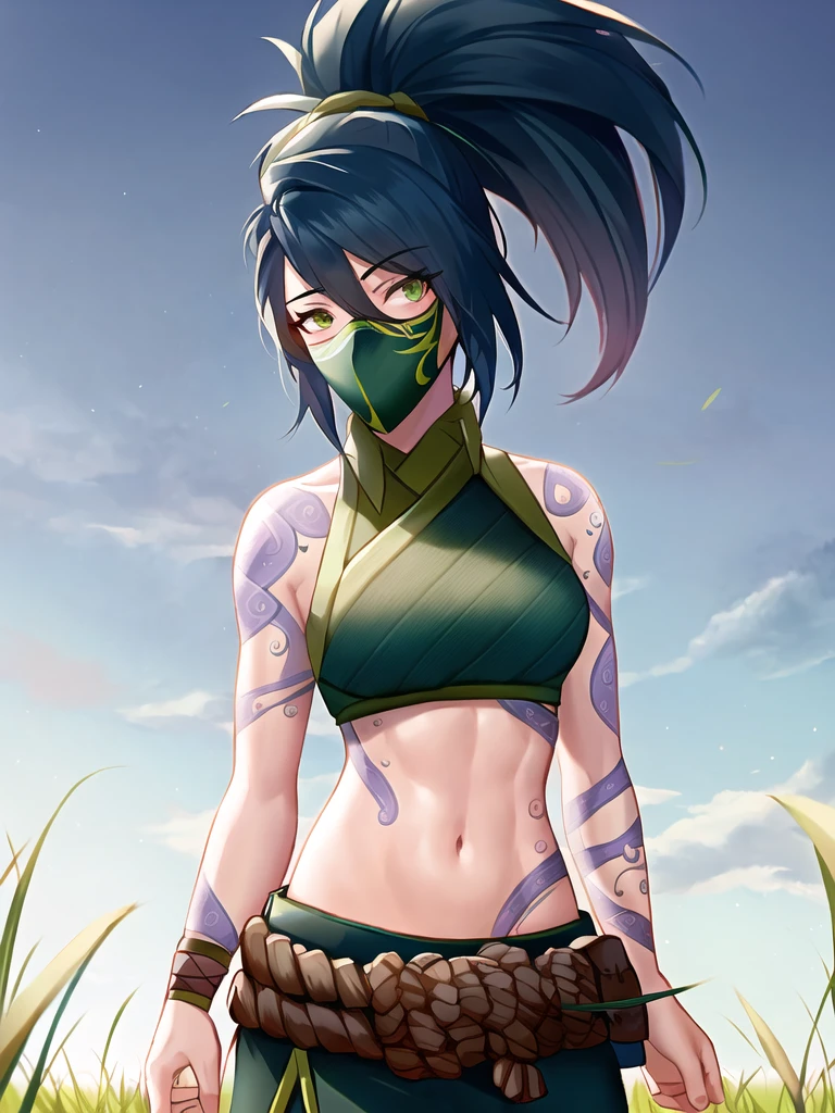 sky, field, grass, akali, looking at viewer, league of legends, highres, 1girl, abs, arm tattoo, bangs, blouse, breasts, green shirt, hair between eyes, hip vent, long bangs, long hair, mask, midriff, ninja, ponytail, rope belt, belt pouch, shirt, solo, stomach tattoo, tattoo <lora:akali_v2-000038:1>
