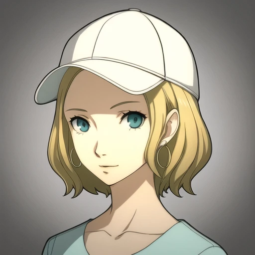 1girl, portrait, (white background:0.1), aqua eyes, baseball cap, blonde hair, closed mouth, earrings, hat, hoop earrings, jewelry, looking at viewer, shirt, short hair, simple background, solo, upper body, yellow shirt
<lora:p5_Portrait_v0.3:0.7>