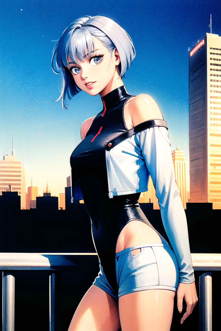 takada akemi,
lucy \(cyberpunk\), 1girl, against railing, arm rest, bangs, bare shoulders, belt, black belt, black leotard, black pants, blurry, bob cut, breasts, building, cityscape, clothing cutout, cropped jacket, cyberpunk, depth of field, from side, gradient eyes, grey eyes, grey hair, holding, jacket, leotard, lips, long sleeves, looking afar, looking ahead, mechanical parts, medium breasts, multicolored eyes, multicolored hair, night, night sky, off shoulder, open clothes, open jacket, outdoors, pants, parted lips, railing, red eyeliner, science fiction, short hair with long locks, short shorts, shorts, sidelocks, sky, smoke, smoking, solo, standing, teeth, thigh cutout, upper teeth only, white jacket, white shorts, cyberpunk \(series\), cyberpunk edgerunners,
1980s \(style\), painting \(medium\), retro artstyle, watercolor \(medium\),
<lora:takada_akemi_offset:1> <lora:lucy_offset:0.8>