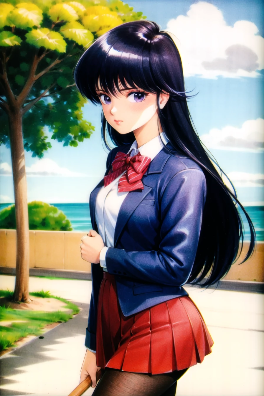 takada akemi,
(komi shouko), 1girl, bangs, black pantyhose, blazer, blue jacket, blush, bow, bowtie, breasts, closed mouth, collared shirt, cowboy shot, diagonal-striped skirt, expressionless, outdoors, highres, jacket, (komi-san wa komyushou desu), long hair, looking at viewer, medium breasts, pantyhose, pleated skirt, purple eyes, purple hair, red bow, red bowtie, red skirt, school uniform, shirt, skirt, solo, striped, striped bow, striped bowtie, striped skirt, swept bangs, white shirt,
1980s \(style\), painting \(medium\), retro artstyle, watercolor \(medium\),
<lora:takada_akemi_offset:1> <lora:komi_shouko:0.5>