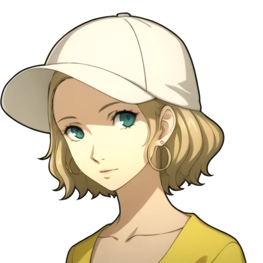 1girl, portrait, (white background:0.1), aqua eyes, baseball cap, blonde hair, closed mouth, earrings, hat, hoop earrings, jewelry, looking at viewer, shirt, short hair, simple background, solo, upper body, yellow shirt
<lora:p5_Portrait_v0.3:0.7>