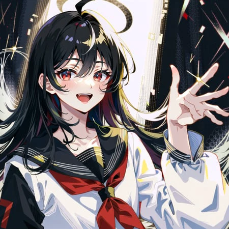 detailed,best quality,masterpiece,illustration,wallpaper,1girl,solo,upper bodywhite bow,:d,smile,eyeliner,long hair, black hair,(ahoge:1.2),bangs,hair between eyes,gray inner hair,
red eyes,looking at viewer,black sailor collar,black serafuku,long sleeves,dimly lit