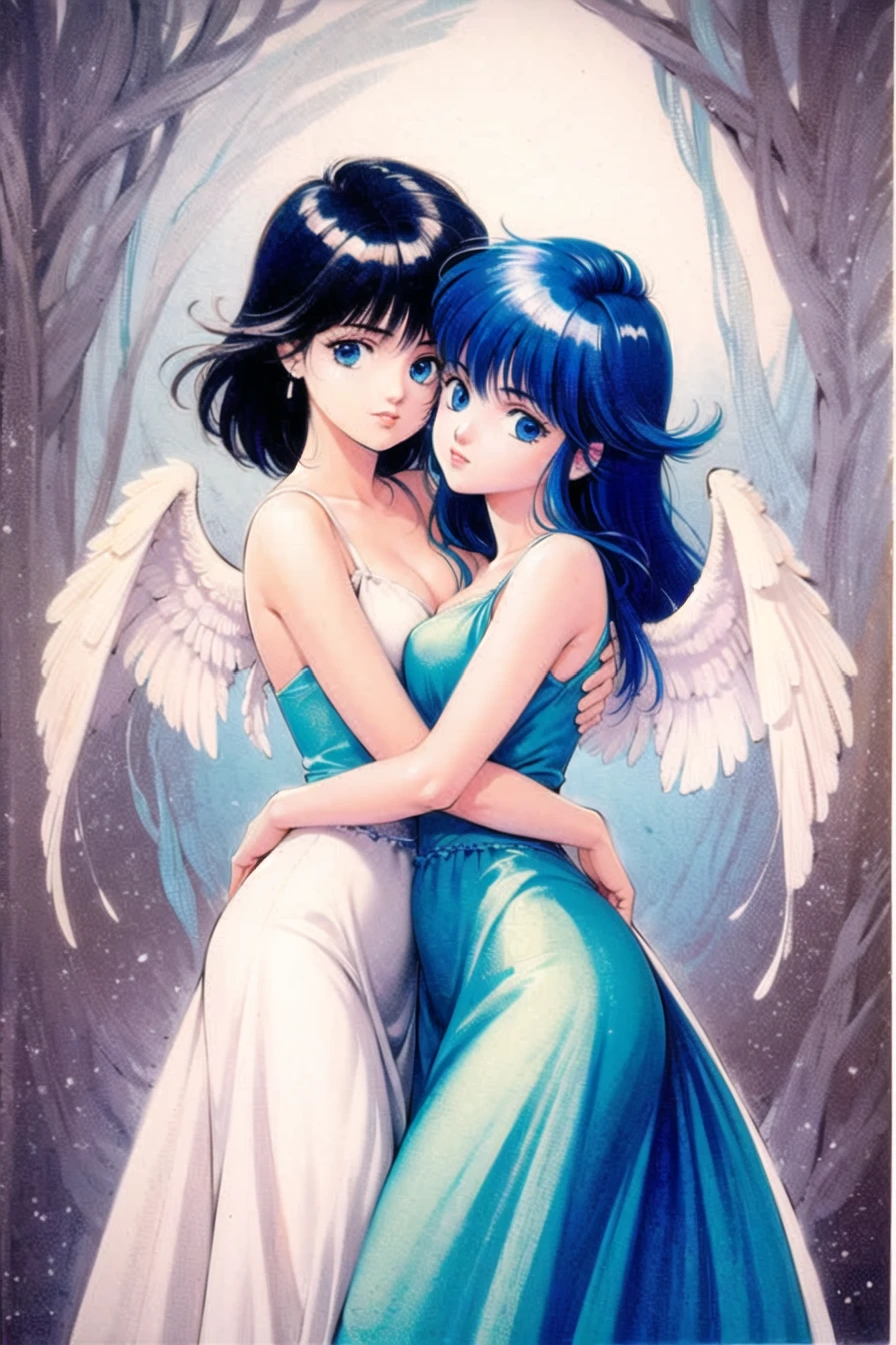 takada akemi, creamy mami, morisawa yuu,

2girls, dress, hug, idol, magical girl, multiple girls, wings,

1980s \(style\), painting \(medium\), retro artstyle, watercolor \(medium\),

<lora:takada_akemi_offset:1>