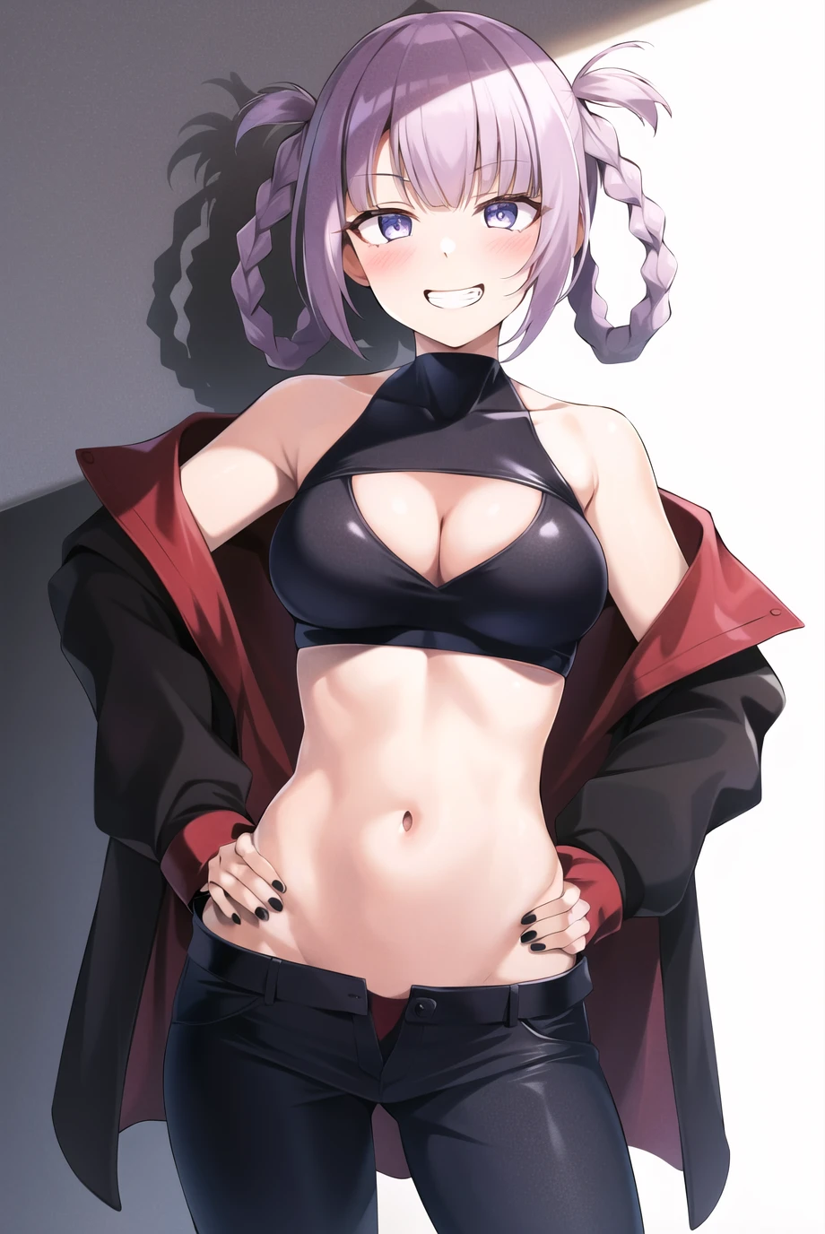 nanakusa nazuna,

1girl, bangs, bare shoulders, black nails, braid, breasts, cleavage cutout, clothing cutout, grin, groin, hair rings, hand on hip, hand up, jacket, light purple hair, long sleeves, looking at viewer, nail polish, navel, open clothes, open jacket, sleeveless, sleeveless turtleneck, sleeveless turtleneck crop top, smile, solo, turtleneck, w,

<lora:nanakusa_nazuna_offset:1>