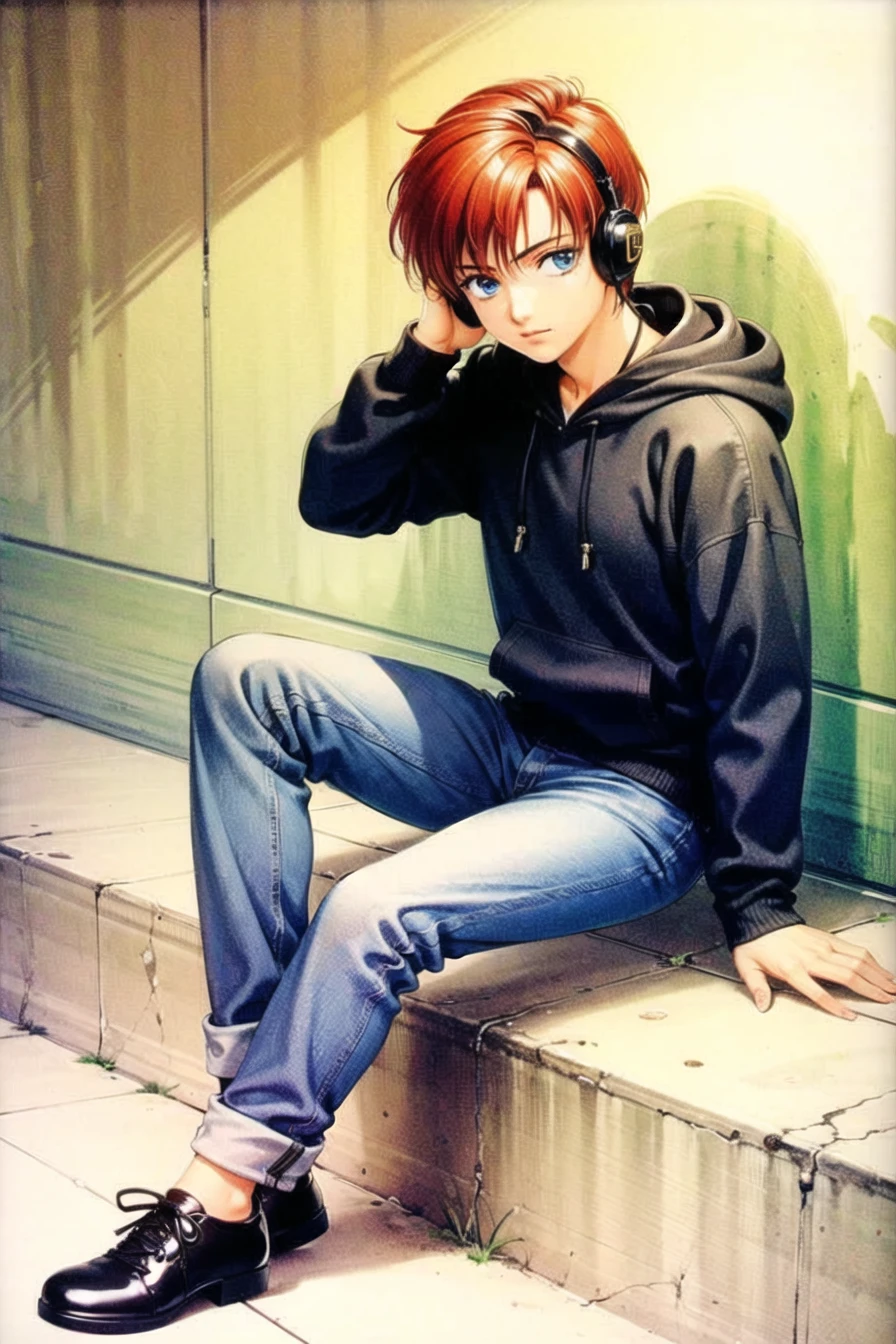 takada akemi,
((1boy)), bangs, black footwear, blue eyes, casual, dated, denim, headphones, hood, hood down, hoodie, jeans, long sleeves, looking at viewer, pants, red hair, short hair, sitting, solo,
1980s \(style\), painting \(medium\), retro artstyle, watercolor \(medium\),
<lora:takada_akemi_offset:0.7>