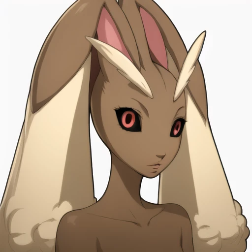 1girl, portrait, solo, white background, lopunny \(pokemon\), rabbit ears, furry, black sclera, red eyes, brown fur, no humans, long ears

<lora:Lopunny:1.7> <lora:p5_Portrait_v0.3:0.7>