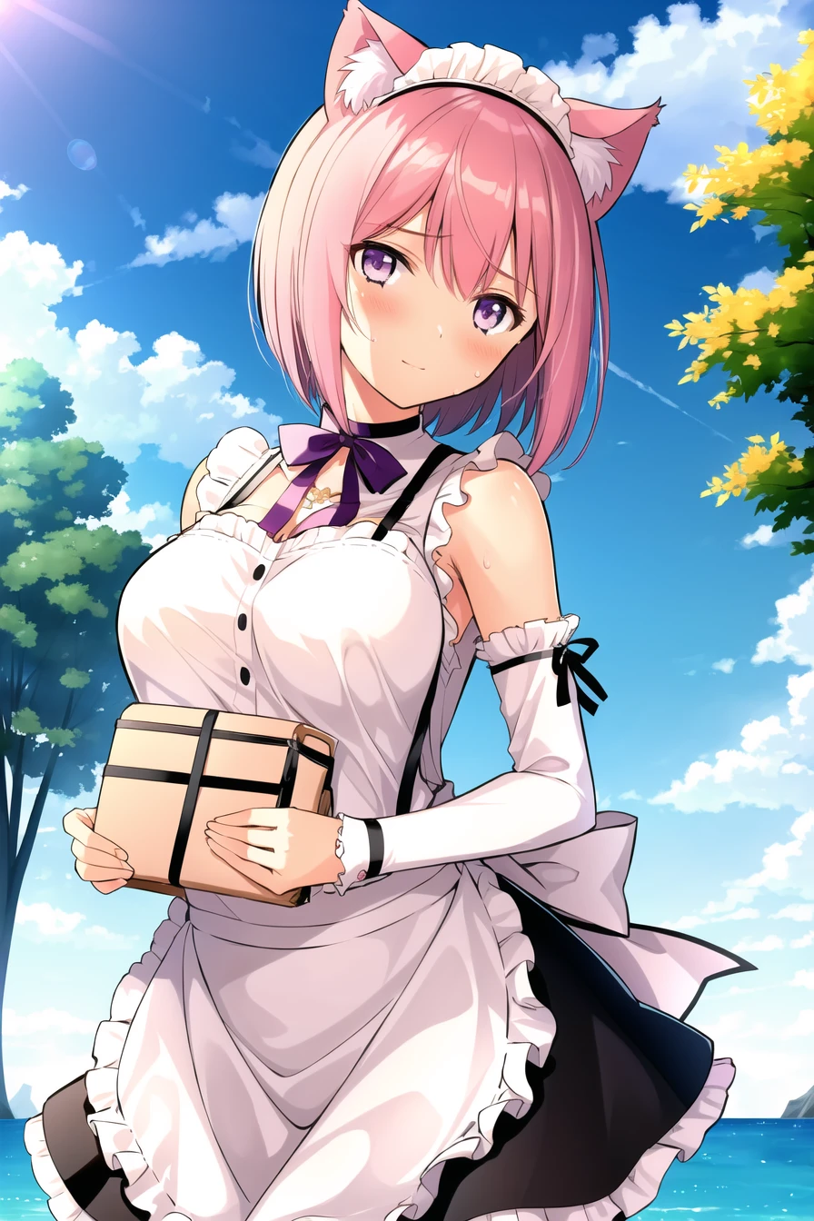 tony taka,
1girl, animal ears, apron, artist name, bangs, bare shoulders, blue sky, blush, bottle, bow, bowtie, breasts, buttons, cat ears, choker, cloud, cloudy sky, crop top, day, detached sleeves, hair ornament, holding, looking at viewer, maid headdress, medium breasts, outdoors, page number, pink hair, purple eyes, short hair, skirt, sky, solo, suspenders, sweat, sweatdrop, tree, two-tone hair, waist apron, water bottle,
<lora:tony_taka:0.7>