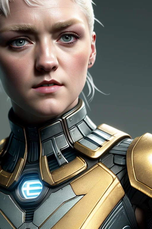 head and shoulders style portrait photo (((shot from the waist up))) of beautiful young white woman with pale white skin with short blond hair and piercing clear white eyes in a (((futuristic and sexy skin tight white and gold full body smooth bodyarmor with small arc reactor in the center of her chest))) looking at camera during a professional photoshoot modelshoot style, (((((insanely detailed, high definition, high quality, amazing detail, intricate details, shallow depth of field, reflections, photographed on a Canon EOS R5, 50mm lens, F/2.8, HDR, sharp focus, award-winning, Unreal Engine 5, 8K, hq, hrd, art by artgerm and greg rutkowski and alphonse mucha))))), (maisiewilliams)