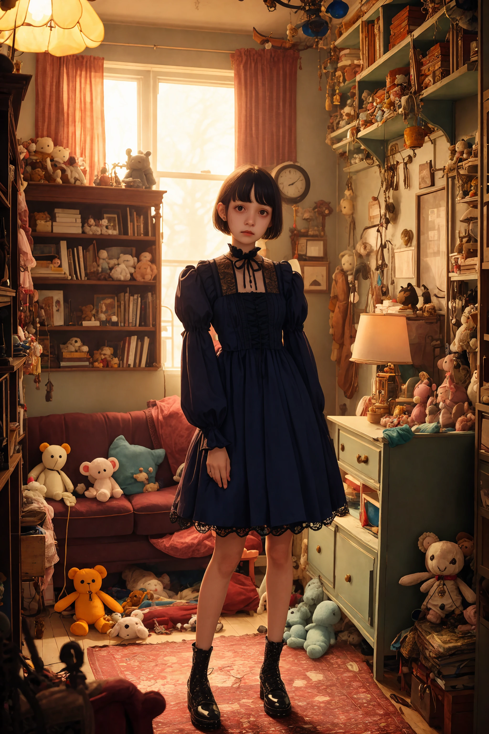 young woman with tired eyes standing in a personal study, cute, short hair, couch, lots of stuffed toys and various clutter and mess in background, intricate, highly detailed, gothic dress