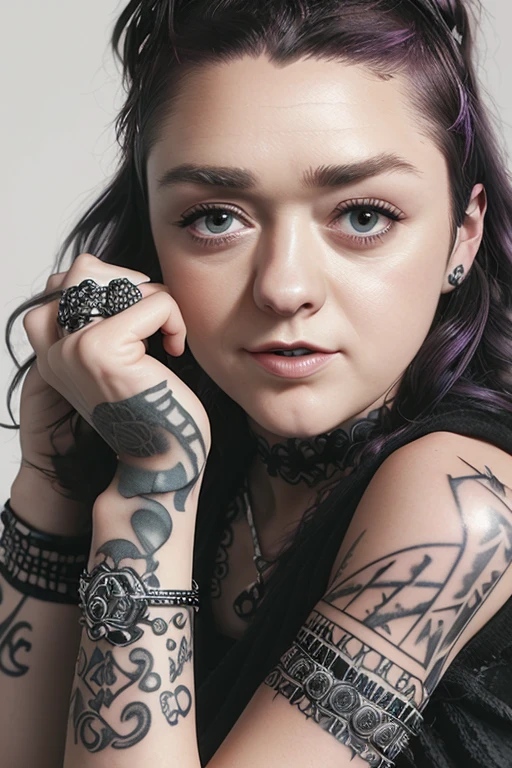 portrait of (maisiewilliams:1.3), a beautiful 20 year old girl, motorbikes in background , high details, intricate details, dramatic light, portrait ratio, high contrast, twisted pose, piercings, (intricate tattoos), (black tanktop shirt), braid on one side, slightly crooked smiling, ((nosering)), black & white, (smokey eye shadow)