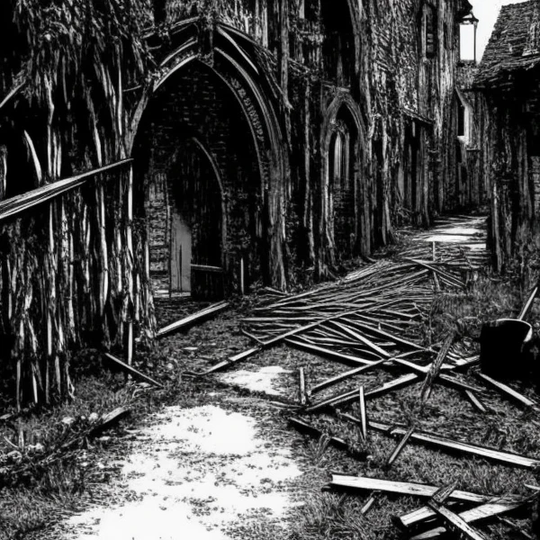 gothic abandoned village scenery, skeletons laying on the ground, sharp focus, 4k, art by art by EMB_rfktrbwmnga-14500