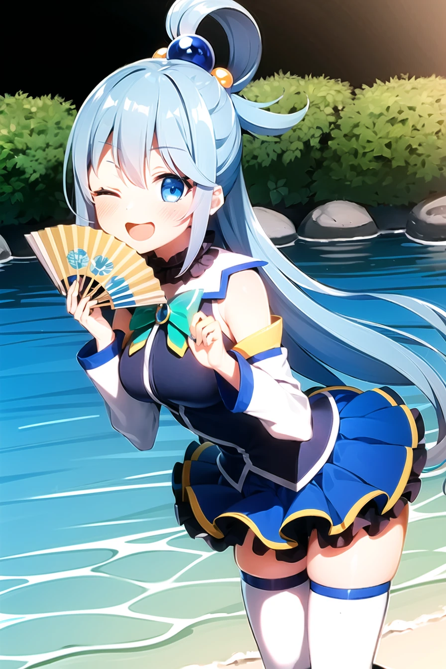 aqua \(konosuba\),

1girl, ;d, blue eyes, blue hair, blush, copyright name, detached sleeves, folding fan, from side, hair ornament, hand fan, long hair, one eye closed, open mouth, single hair ring, skirt, smile, solo, thighhighs, water,

kono subarashii sekai ni shukufuku wo!,

<lora:aqua_konosuba-000035:0.6>