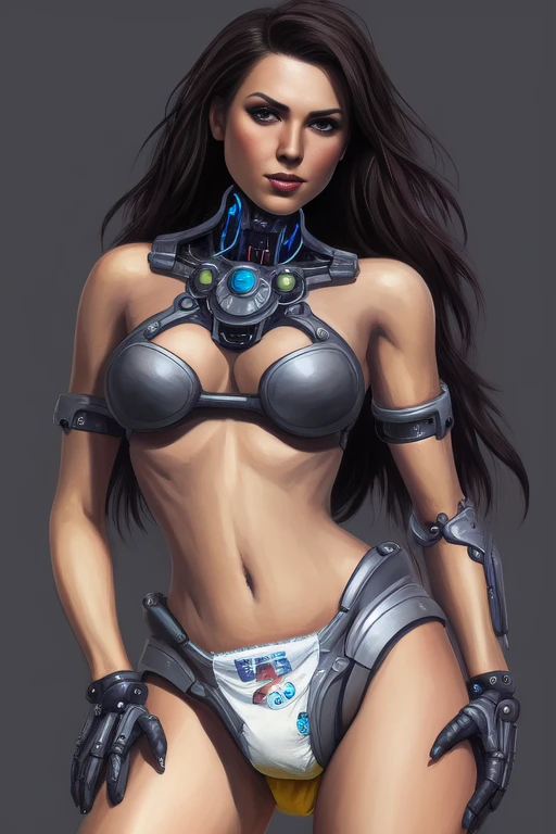 high quality, 1girl woman, Portrait painting, a (cybernetic) grey werewolf, (power armor), diaper, ultra realistic, (concept art), intricate details, eerie, highly detailed, photorealistic, octane render, 8k, unreal engine, art by artgerm, greg rutkowski, alphonse mucha