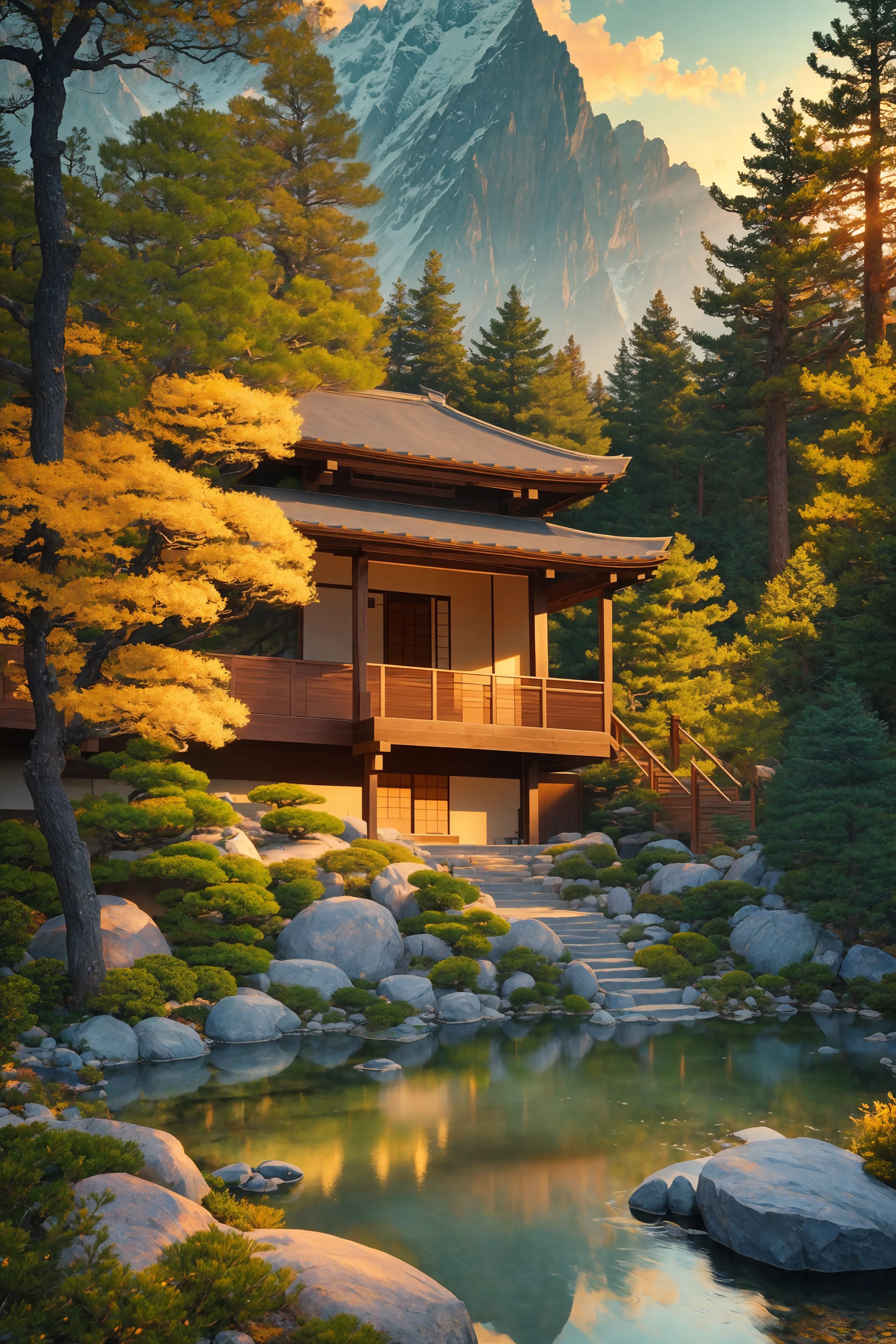 photo of a beautiful zen garden in the moutains, golden ratio, cinematic lighting, intricate details, 8k detail post processing, hyperealistic, professional photograph, soft focus, f2.8, postprocessing