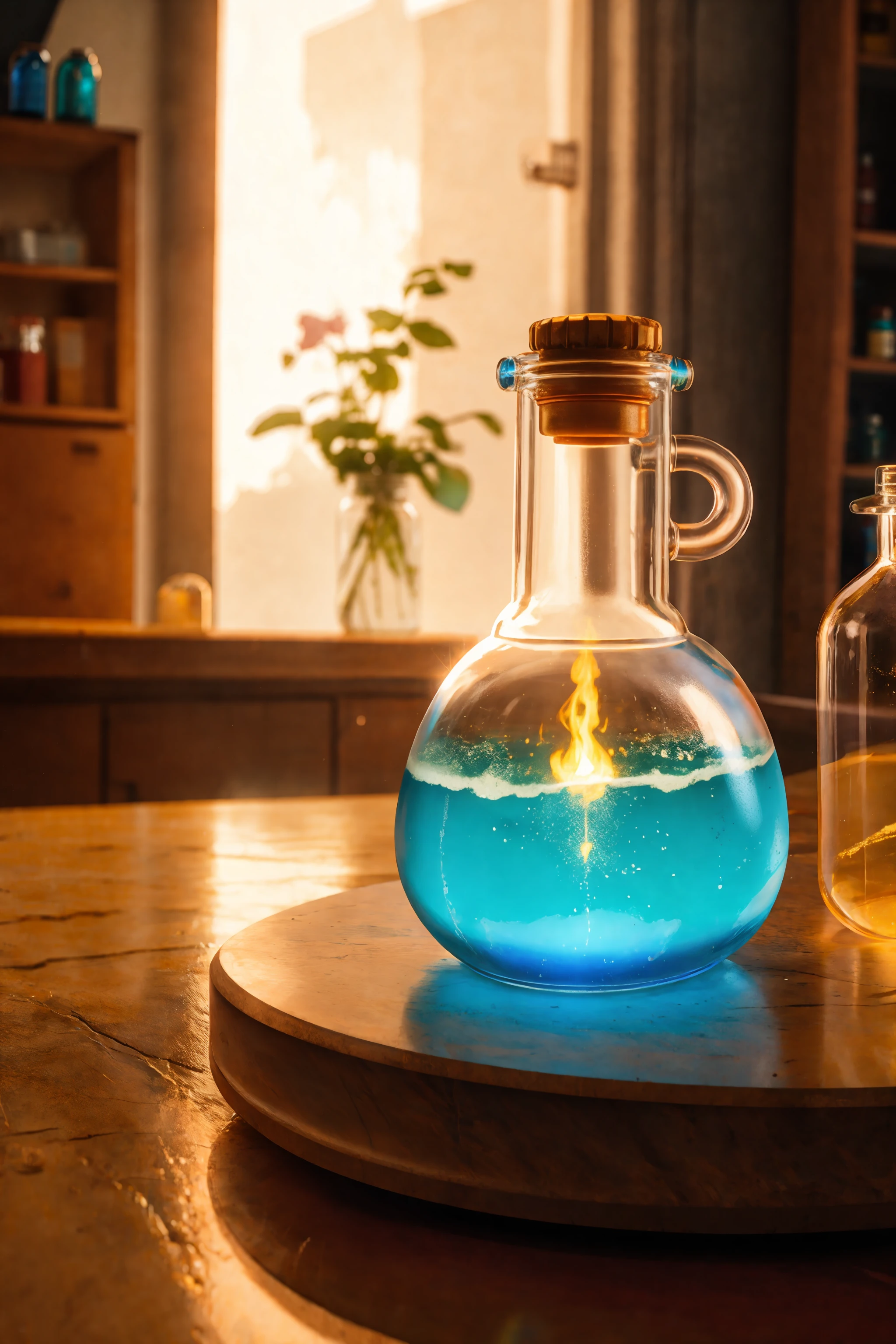 ((a potion bottle filled with earth wind and fire elements)), magical, (workshop background with lots of other bottles and tools:1.1), intricate detail, hyper detailed, ultra realistic, sharp focus, octane render, volumetric, ray tracing, artstation trending, cgsociety, sense of awe, mystical, 4k, High Saturation Clarity Contrast, deep levels, sharp, retouched, color graded, soft lighting,