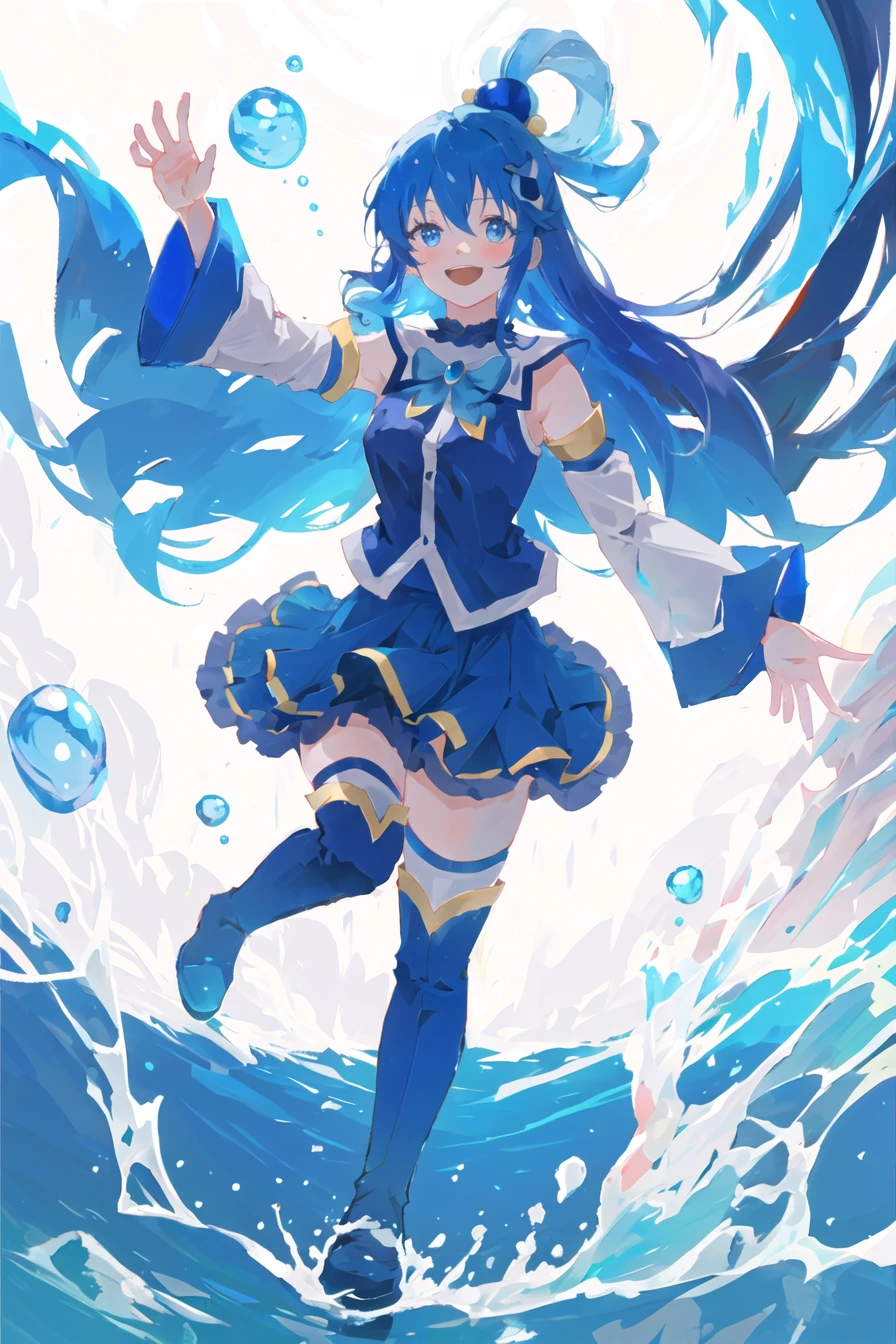 aqua \(konosuba\),
1girl, blue eyes, blue footwear, blue hair, blue thighhighs, blush, boots, breasts, bubble, detached sleeves, hair ornament, hair rings, leg up, long hair, looking at viewer, medium breasts, open hand, single hair ring, skirt, smile, solo, standing, standing on one leg, thigh boots, thighhighs, very long hair, water, white thighhighs,

kono subarashii sekai ni shukufuku wo!,

<lora:aqua_konosuba-000035:0.6>