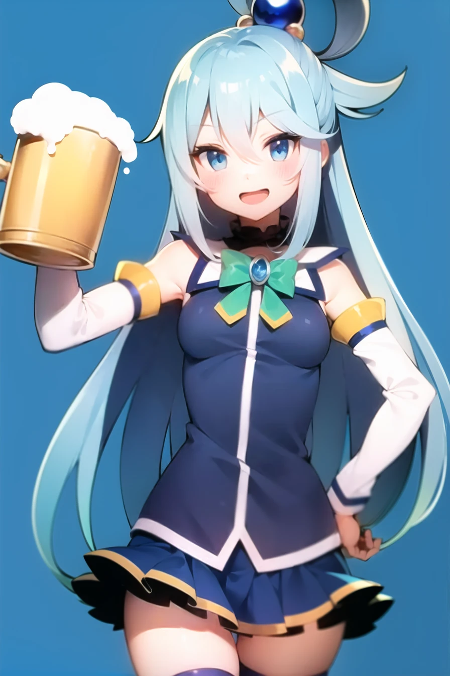 aqua \(konosuba\),

1girl, :d, bangs, bare shoulders, beer mug, blue background, blue eyes, blue hair, blue thighhighs, blush, breasts, cowboy shot, cup, detached sleeves, hair between eyes, hair bobbles, hair ornament, hair rings, half updo, hand on hip, holding, holding cup, long hair, looking at viewer, mug, neck ruff, open mouth, simple background, single hair ring, small breasts, smile, solo, standing, tareme, thigh gap, thighhighs, topknot, very long hair, white thighhighs, zettai ryouiki

kono subarashii sekai ni shukufuku wo!,

<lora:aqua_konosuba-000035:0.6>