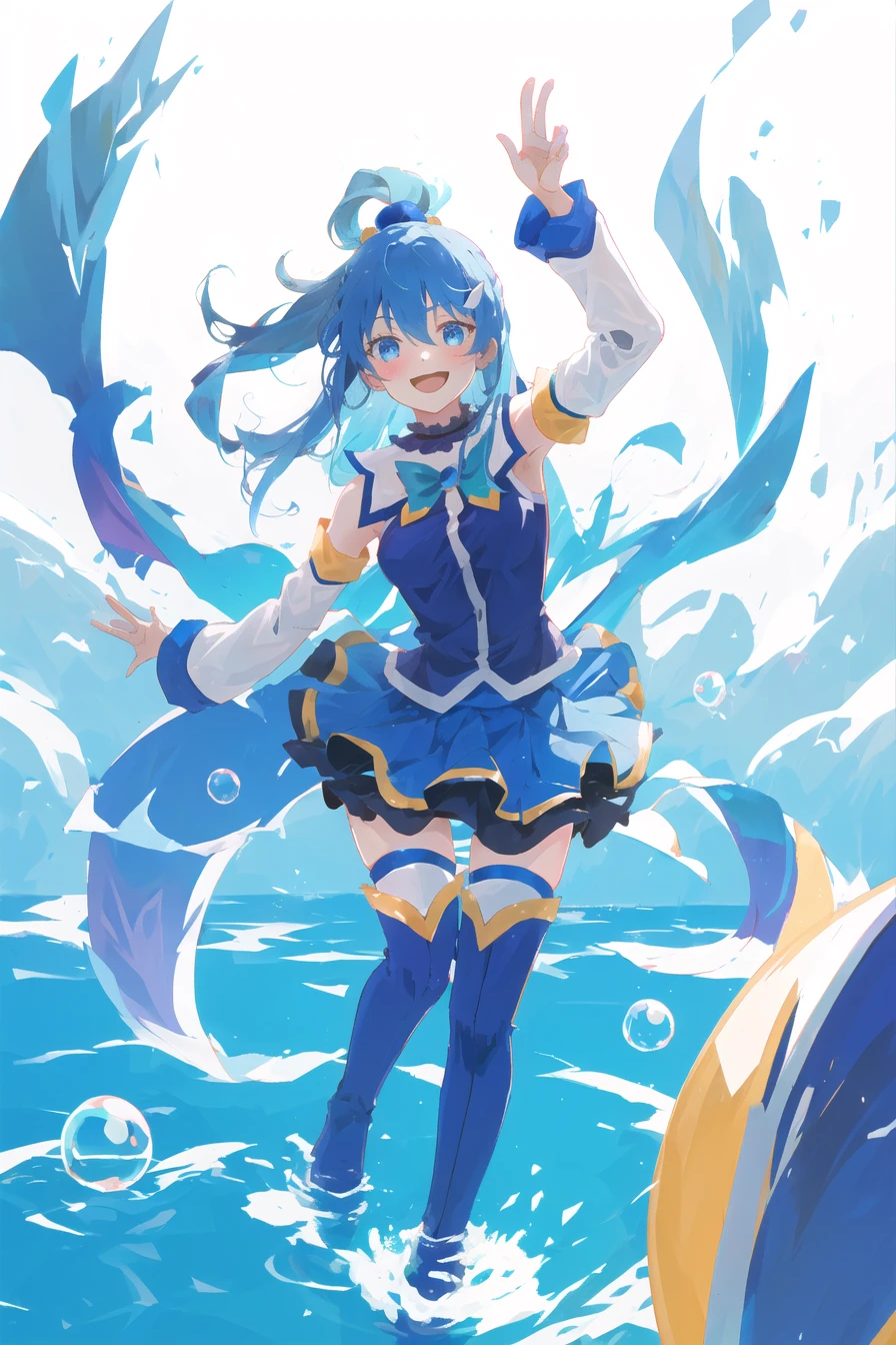 aqua \(konosuba\),
1girl, blue eyes, blue footwear, blue hair, blue thighhighs, blush, boots, breasts, bubble, detached sleeves, hair ornament, hair rings, leg up, long hair, looking at viewer, medium breasts, open hand, single hair ring, skirt, smile, solo, standing, standing on one leg, thigh boots, thighhighs, very long hair, water, white thighhighs,
kono subarashii sekai ni shukufuku wo!,
<lora:aqua_konosuba-000035:0.6>