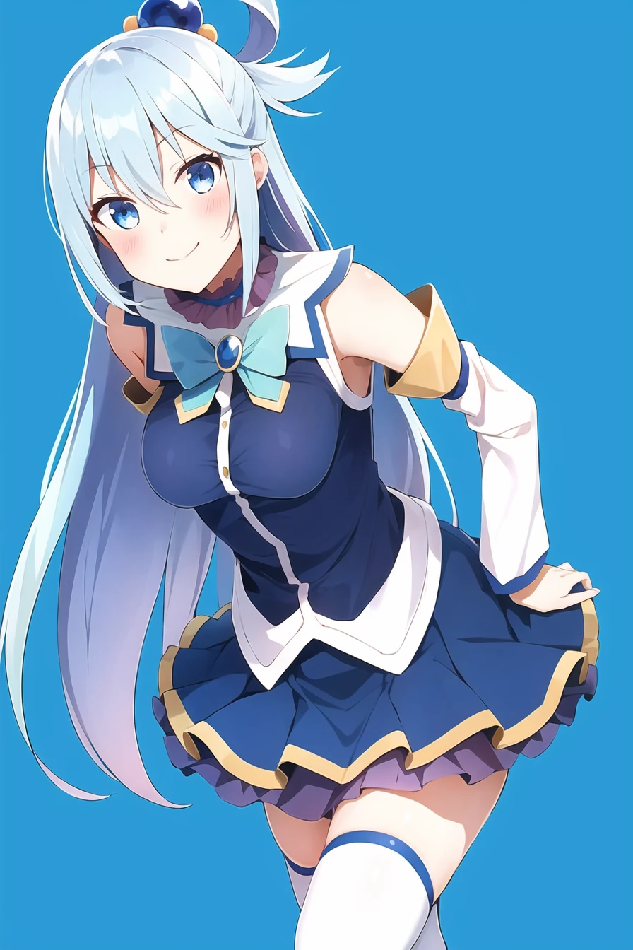 aqua \(konosuba\),
1girl, bangs, blue background, blue eyes, blue hair, blue skirt, closed mouth, detached sleeves, hair rings, medium breasts, long hair, looking at viewer, skirt, smile, solo, thighhighs, two-tone background, white background, white sleeves, white thighhighs, zettai ryouiki,

kono subarashii sekai ni shukufuku wo!,

<lora:aqua_konosuba-000035:0.6>