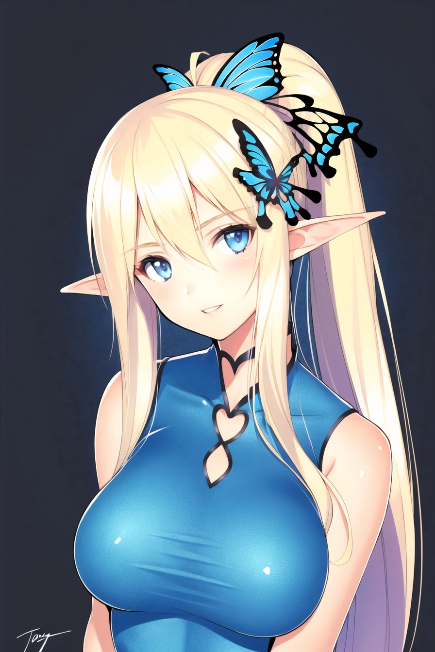 tony taka,
1girl, arms at sides, bangs, bare arms, bare shoulders, blonde hair, blue eyes, breasts, butterfly hair ornament, collarbone, elf, floral background, flower, hair between eyes, hair ornament, large breasts, long hair, looking at viewer, parted lips, pointy ears, ponytail, sidelocks, signature, simple background, smile, solo, teeth, upper body
<lora:tony_taka:0.7>