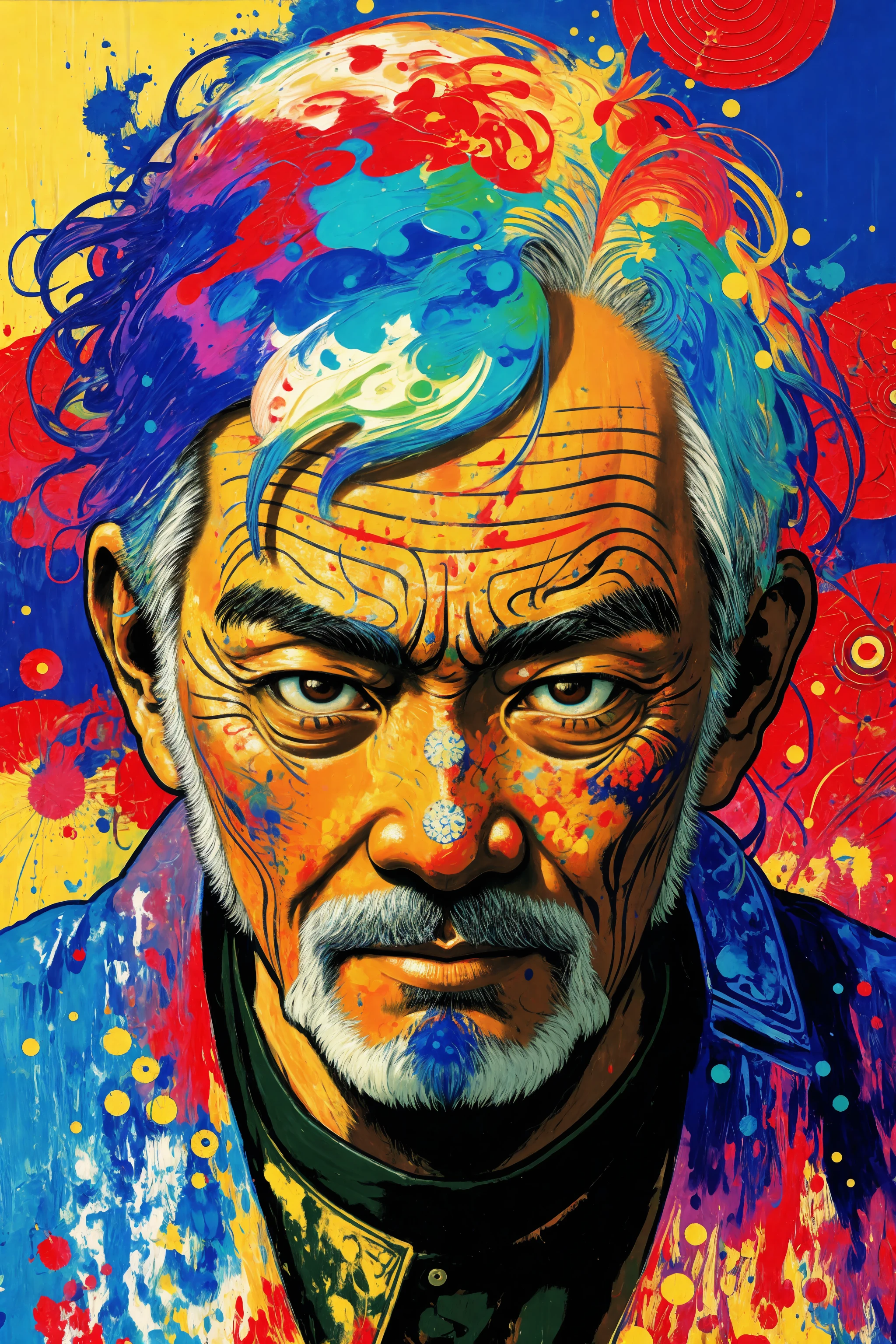 [Close up of an old asian man's face:abstract background:0.5], extremely detailed face and eyes, explosive pose, expressionism, digital art, colorful background, absurdist, highly detailed, (brush strokes:1.1), (acrylic paint:1.1), pointilism, muted colors, by satoshi kon, by alphonse mucha, by raphael