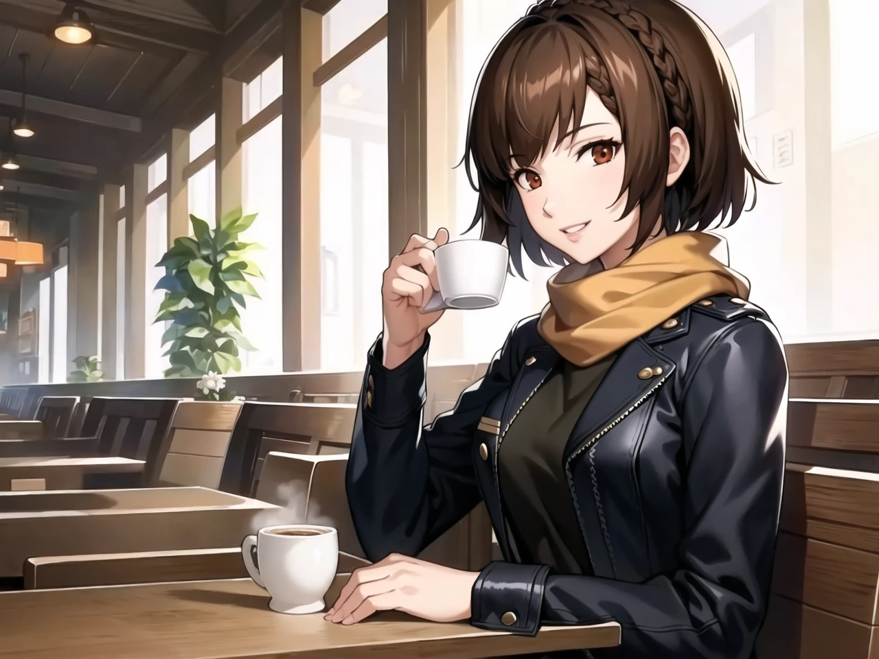 masterpiece, best quality, highres, extremely detailed CG unity 8k wallpaper,
illustration of dsmakoto, 1girl, solo focus, short hair, crown braid, jacket, scarf, turtleneck, smiling, parted lips, sitting in a booth, holding coffee cup on table, cafe interior, detailed background
<lora:dsmakoto_e1:0.75>