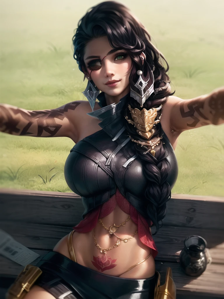 sky, field, grass, samira \(league of legends\), league of legends, 1girl, jewelry, tattoo, eyepatch, earrings, green eyes, braid, long hair, dark skin, gloves, armor, navel, bracelet, lips, hair over shoulder, smile, looking at viewer, arm tattoo, mole, mole above mouth <lora:samira-000033:1>