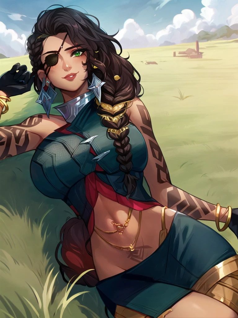 sky, field, grass, samira \(league of legends\), league of legends, 1girl, jewelry, tattoo, eyepatch, earrings, green eyes, braid, long hair, dark skin, gloves, armor, navel, bracelet, lips, hair over shoulder, smile, looking at viewer, arm tattoo, mole, mole above mouth <lora:samira-000033:1>