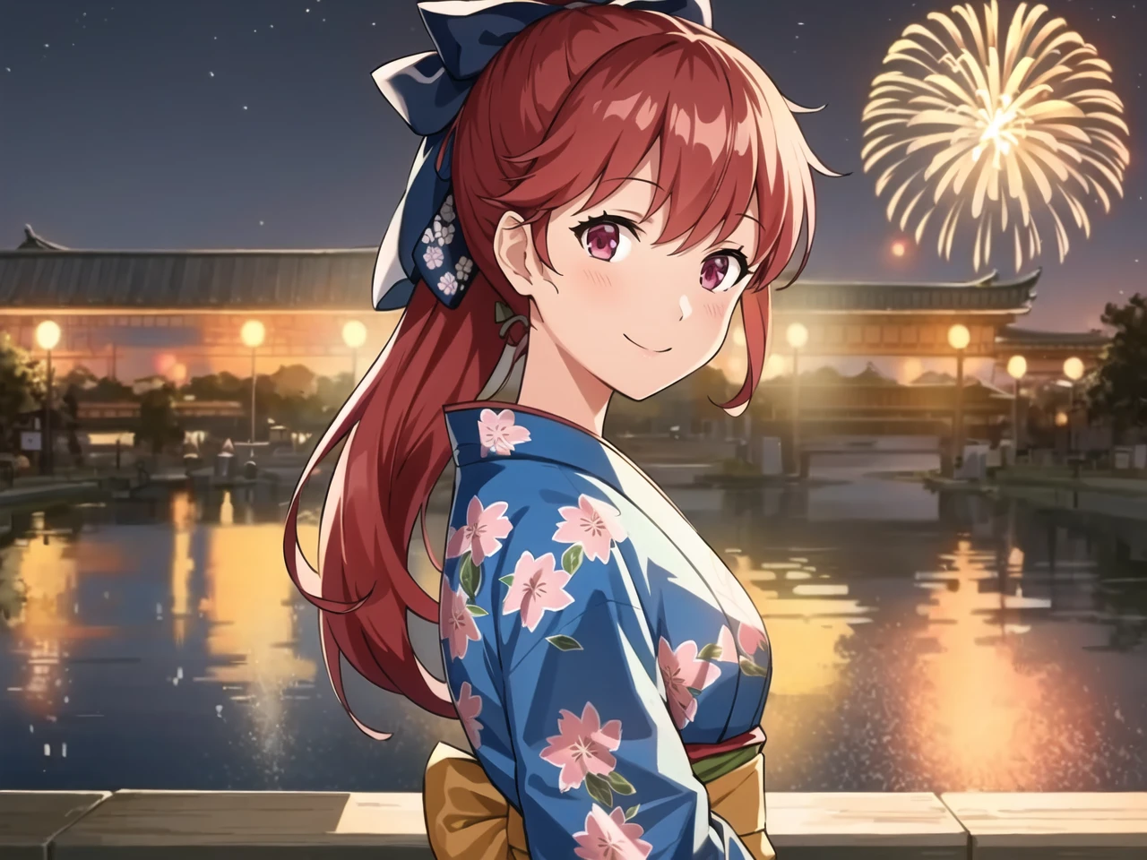 masterpiece, best quality, highres, extremely detailed CG unity 8k wallpaper,
illustration of  dskasumi, long hair, ponytail, hair ribbon, smiling, yukata, 1girl, solo, festival, lake, cityscape, fireworks, night sky, detailed background, (persona 5:0.5)
<lora:dskasumi_e1:0.8>