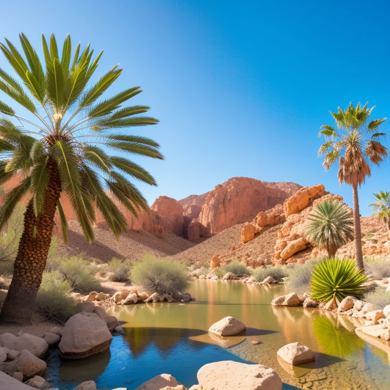 RAW photo, desert landscape, oasis with palms and water, (rocks:1.2), 8k uhd, dslr, soft lighting, high quality, film grain, Fujifilm XT3