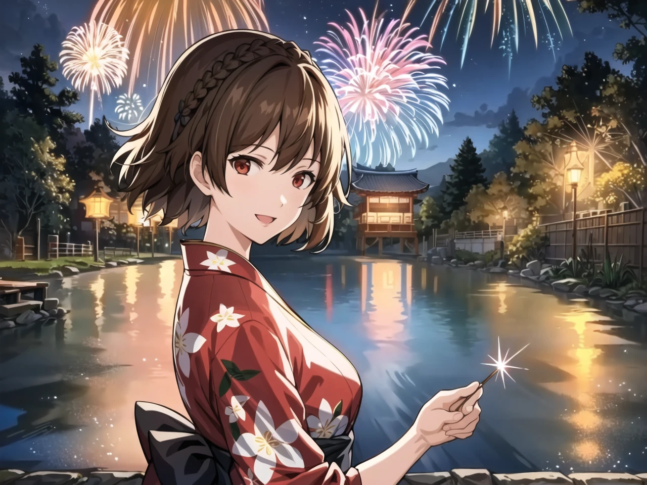 masterpiece, best quality, highres, extremely detailed CG unity 8k wallpaper,
illustration of  dsmakoto, short hair, crown braid, smiling, floral print yukata, festival, lake, cityscape, fireworks, night sky, detailed background
<lora:dsmakoto_e1:0.75>