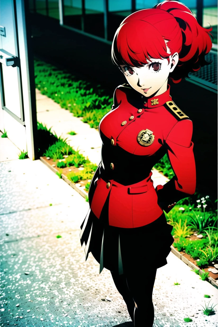 soejima shigenori, persona, persona 5, persona 5 the royal,

yoshizawa kasumi,
1girl, badge, black pantyhose, brown eyes, portrait, hairband, looking at viewer, pantyhose, red hair, school uniform, shuujin academy school uniform, outdoors, skirt, smile, solo, standing,

<lora:soejima_shigenori:0.6> <lora:persona5-hard:0.5>