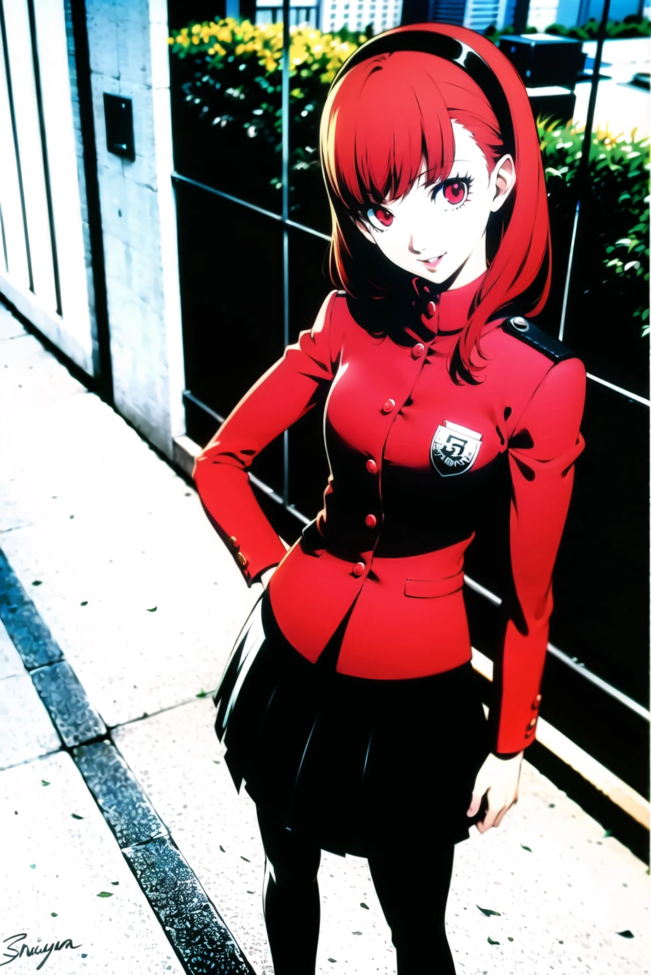 soejima shigenori, persona, persona 5, persona 5 the royal,

yoshizawa kasumi,
1girl, badge, black pantyhose, brown eyes, portrait, hairband, looking at viewer, pantyhose, red hair, school uniform, shuujin academy school uniform, outdoors, skirt, smile, solo, standing,

<lora:soejima_shigenori:0.6>