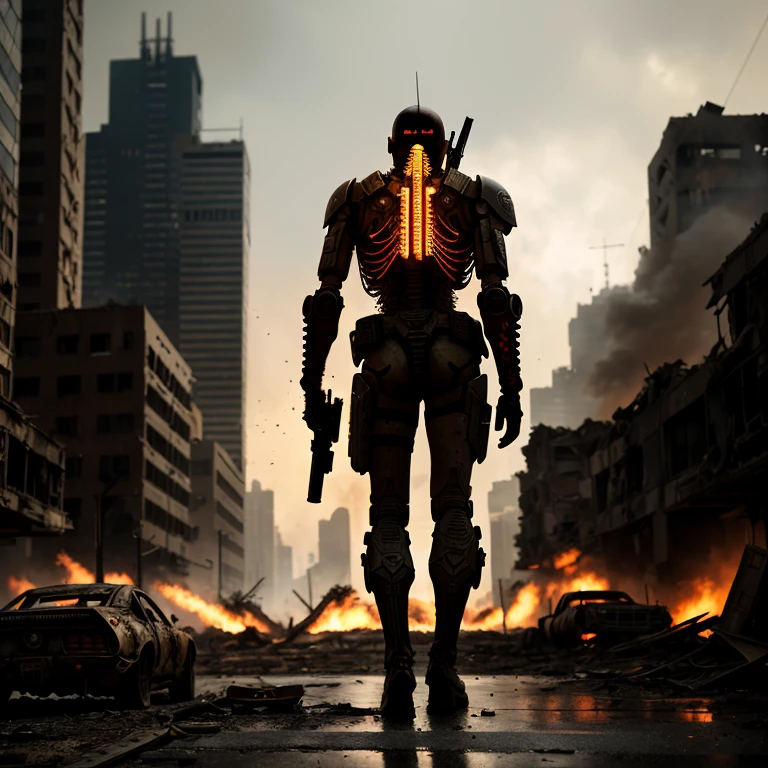 postapocalypse, War Photography, Ground level shot, rear angle, (cyborg skeleton walks down street of destroyed Cyberpunk city), (looking for enemy soldiers), holding high-tech rifle, far shot, (highly detailed, intricate), deep depth of field, cinematic lighting, ((RAW color)), award-winning photography, (ruins of skyscrapers), (burning cars), blood, grim, photographed on a Sony Alpha 7 IV, deep focus, 4k resolution, cinematic film still