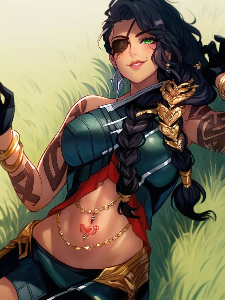 sky, field, grass, samira \(league of legends\), league of legends, 1girl, jewelry, tattoo, eyepatch, earrings, green eyes, braid, long hair, dark skin, gloves, armor, navel, bracelet, lips, hair over shoulder, smile, looking at viewer, arm tattoo, mole, mole above mouth <lora:samira-000033:1>