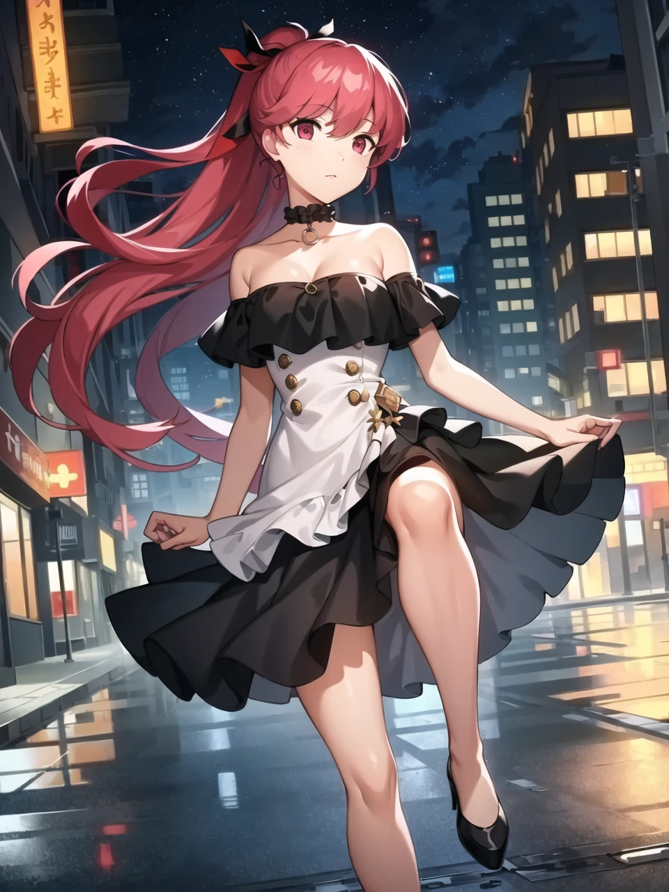 masterpiece, best quality, highres, extremely detailed CG unity 8k wallpaper,
illustration of dskasumi, long hair, ponytail, hair ribbon, black frilled dress, choker, bare legs, city street, night sky, detailed background,
<lora:dskasumi_e3:0.75>