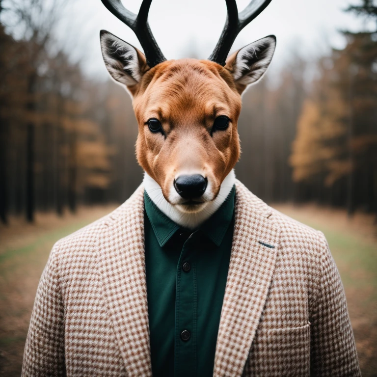 RAW photo, animal, a portrait photo of [man:deer:2] humanoid in clothes, face, 8k uhd, dslr, soft lighting, high quality, film grain, Fujifilm XT3