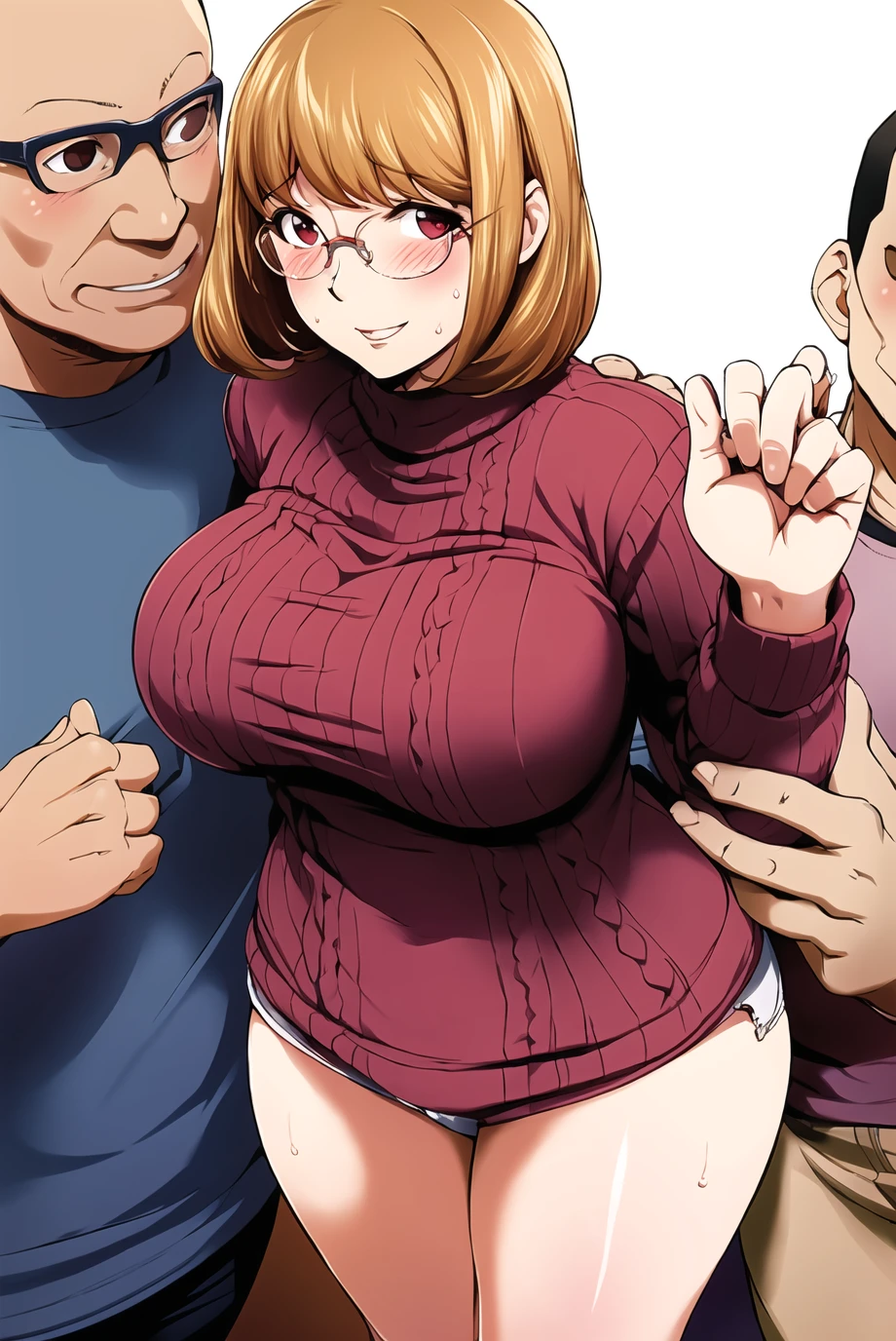 kon-kit, kaya izumi,

1girl, blush, brown hair, glasses, large breasts, multiple boys, navel, red eyes, short hair, smile, solo focus, sweat, blonde hair, blue sweater, female focus

<lora:konkit:0.7>