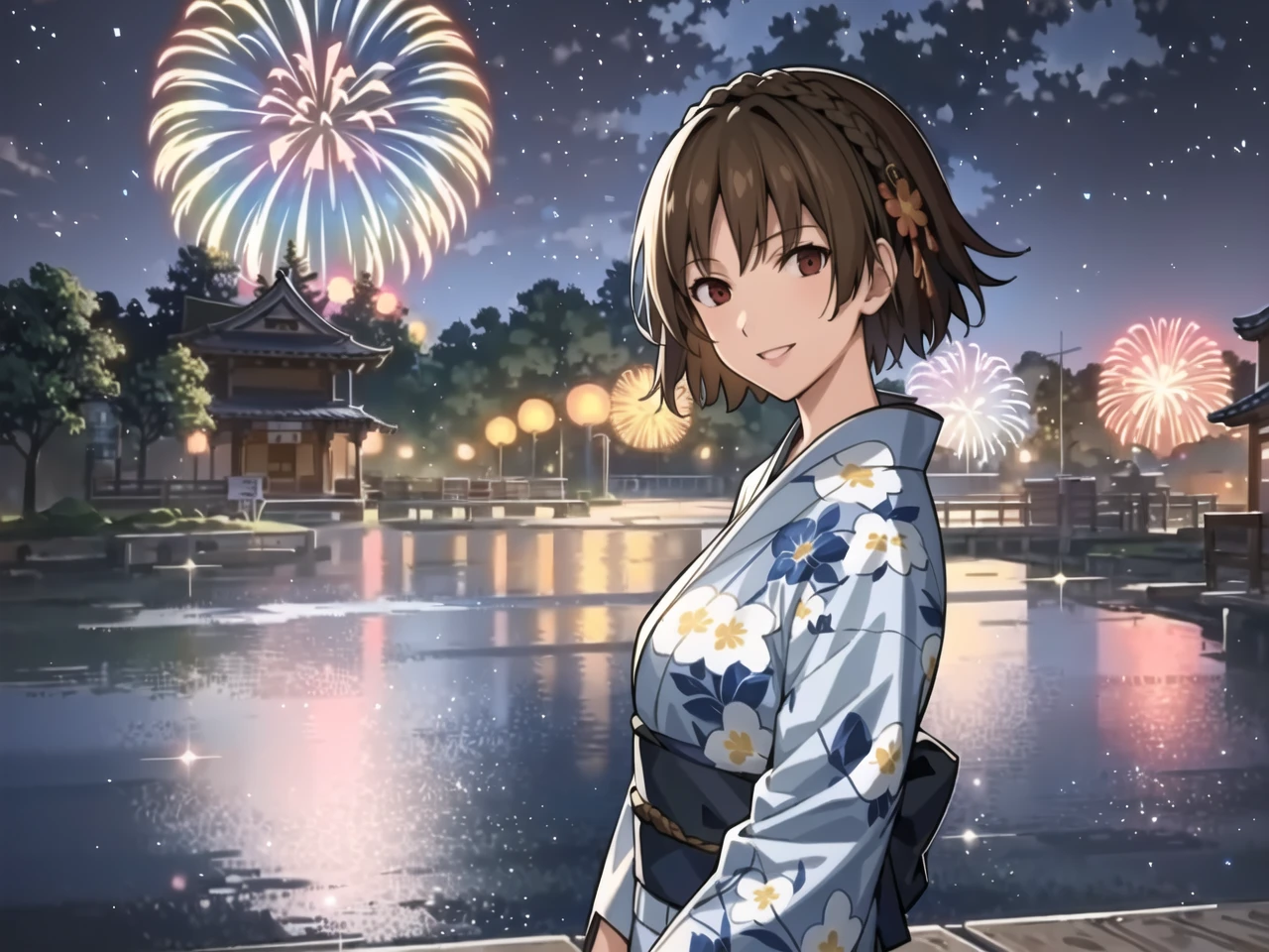 masterpiece, best quality, highres, extremely detailed CG unity 8k wallpaper,
illustration of  dsmakoto, short hair, crown braid, smiling, floral print yukata, festival, lake, cityscape, fireworks, night sky, detailed background
<lora:dsmakoto_e3:0.75>