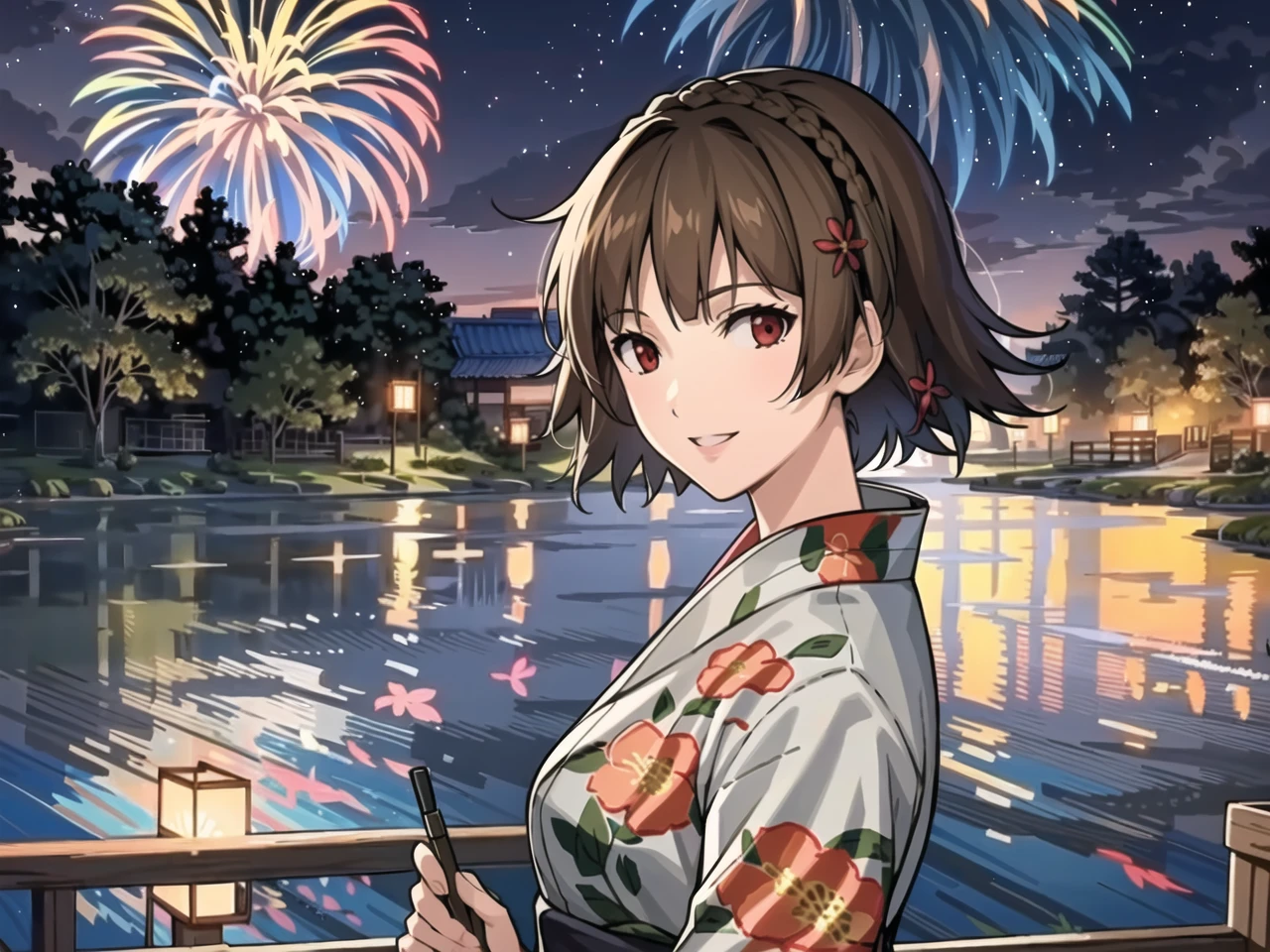 masterpiece, best quality, highres, extremely detailed CG unity 8k wallpaper,
illustration of  dsmakoto, short hair, crown braid, smiling, floral print yukata, festival, lake, cityscape, fireworks, night sky, detailed background
<lora:dsmakoto_e5:0.75>