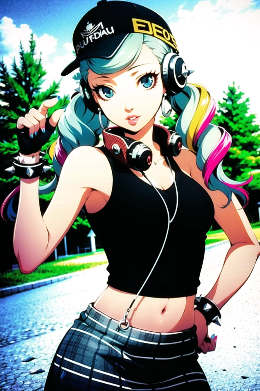 soejima shigenori, persona,

takamaki anne,

1girl, aqua nails, blonde hair, blue eyes, bracelet, cropped sweater, earrings, fingerless gloves, fishnet pantyhose, fishnets, portrait, gloves, hat, headphones, headphones around neck, hoop earrings, jewelry, looking at viewer, midriff, multicolored hair, nail polish, pantyhose, parted lips, plaid, plaid skirt, pleated skirt, skirt, solo, spiked bracelet, spikes, twintails, two-tone hair, outdoors

<lora:soejima_shigenori:0.6>