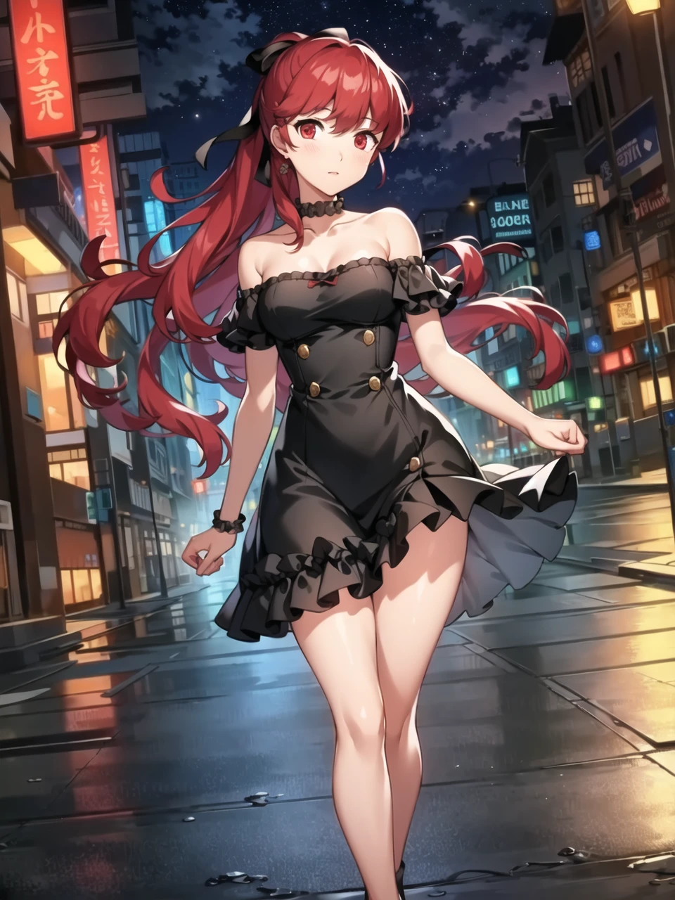 masterpiece, best quality, highres, extremely detailed CG unity 8k wallpaper,
illustration of dskasumi, long hair, ponytail, hair ribbon, black frilled dress, choker, bare legs, city street, night sky, detailed background,
<lora:dskasumi_e5:0.75>