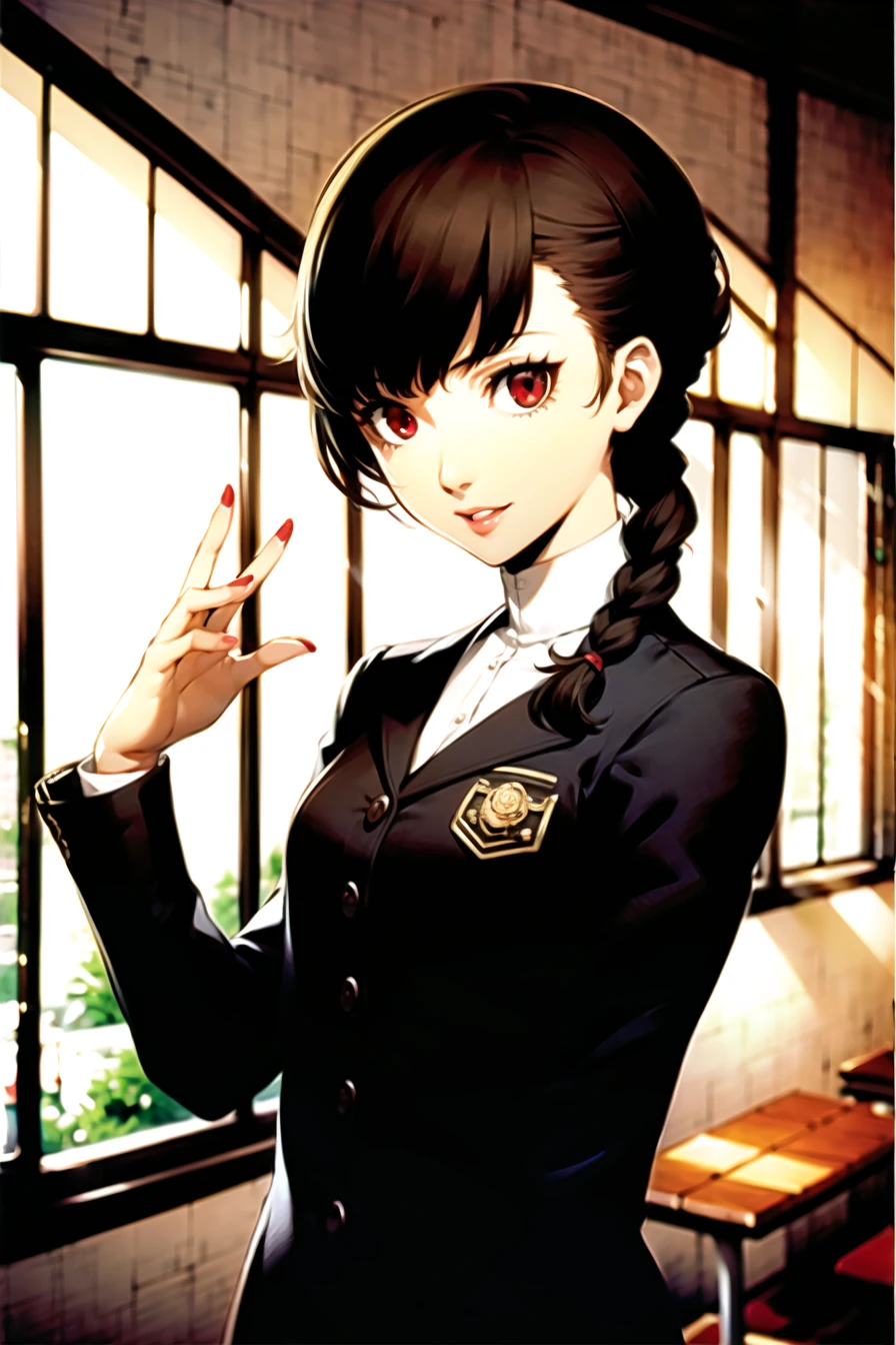 soejima shigenori, persona, persona 5, persona 5 the royal,

niijima makoto,
1girl, portrait, upper body, black pantyhose, braid, brown hair, crown braid, pantyhose, pleated skirt, red eyes, school uniform, short hair, shuujin academy school uniform, skirt, solo, standing, indoors,

<lora:soejima_shigenori:0.6>