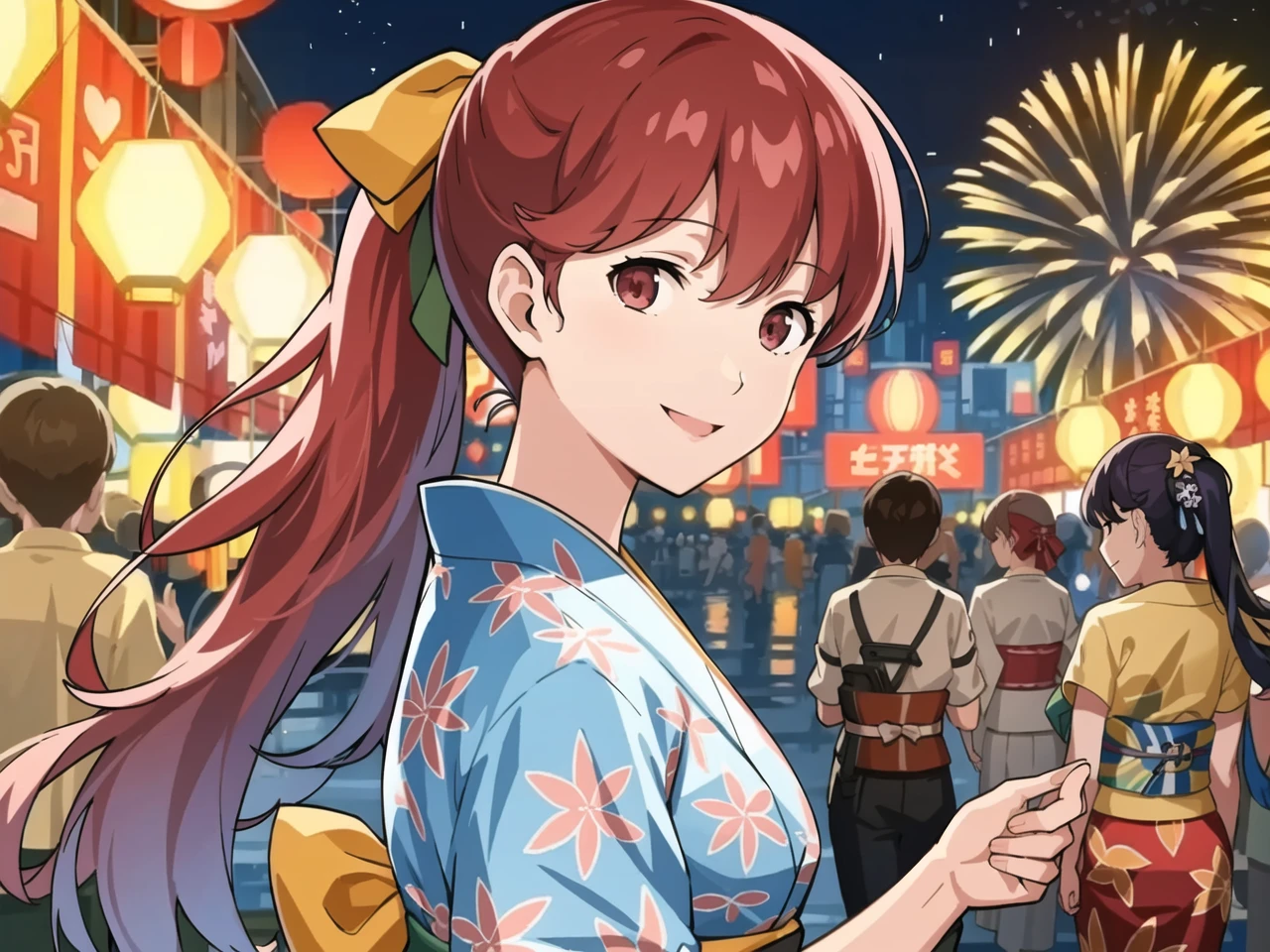 masterpiece, best quality, highres, extremely detailed CG unity 8k wallpaper,
illustration of  dskasumi, long hair, ponytail, hair ribbon, smiling, yukata, 1girl, solo, festival, lake, cityscape, fireworks, night sky, detailed background, (persona 5:0.5)
<lora:dskasumi_e3:0.8>