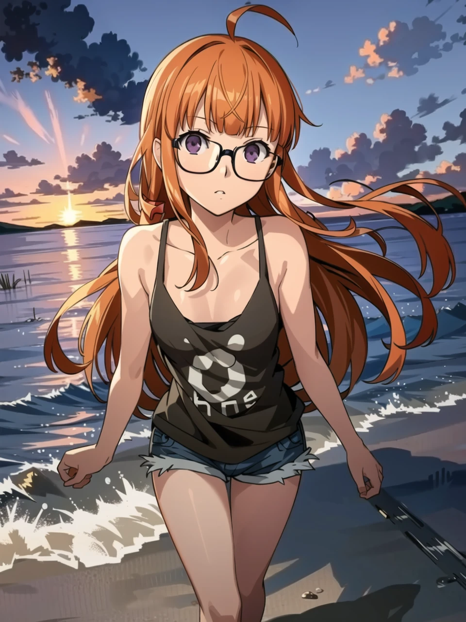masterpiece, best quality, highres, extremely detailed CG unity 8k wallpaper, realistic shadows, warm lighting,
an extremely delicate and beautiful portrait of dsfutaba, long orange hair, (ahoge:0.9), glasses, blunt bangs, purple eyes, tank top, shorts, (barefoot), small breasts, 1girl, solo,
walking on water, full body, lake, sunset, (starry sky:0.7), low angled illustration, dynamic angle, detailed background, (persona 5:0.5)
<lora:dsfutaba_e5:0.75>