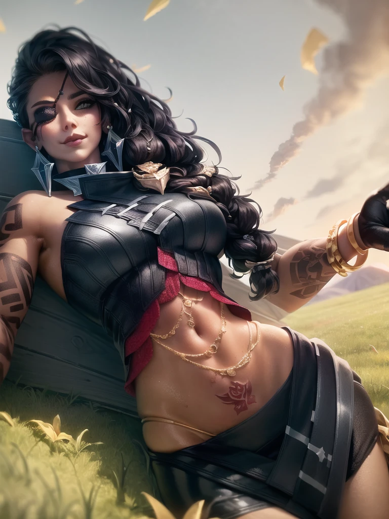 sky, field, grass, samira \(league of legends\), league of legends, 1girl, jewelry, tattoo, eyepatch, earrings, green eyes, braid, long hair, dark skin, gloves, armor, navel, bracelet, lips, hair over shoulder, smile, looking at viewer, arm tattoo, mole, mole above mouth <lora:samira-000033:1>